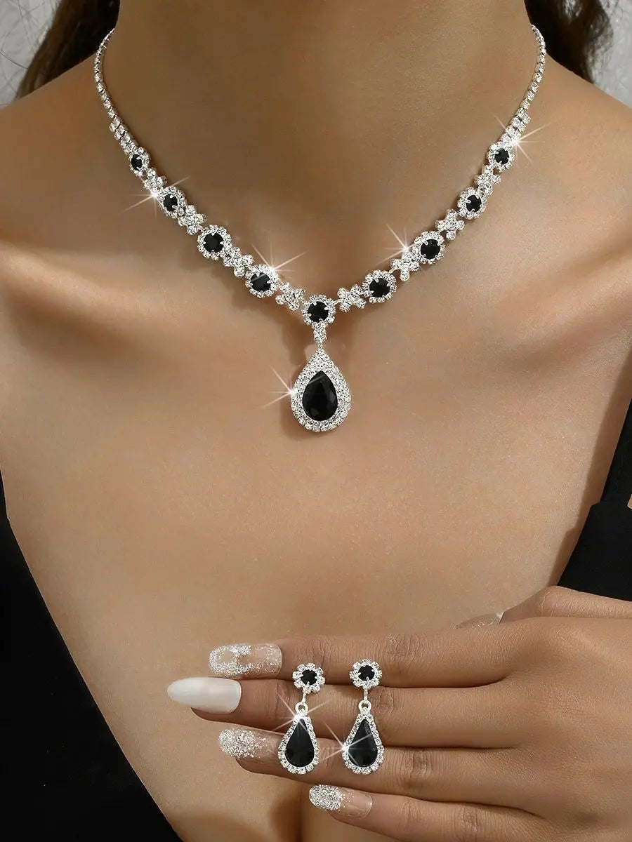 Jewelry Set - 3pcs Crystal Droplet Necklace Earrings Wedding Set