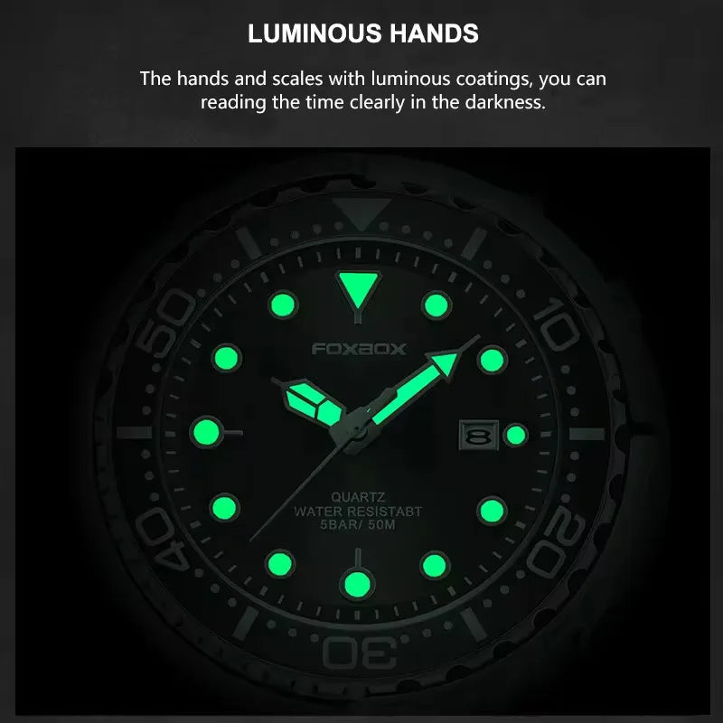 Montre homme FOXBOXE à quartz, style sport décontracté, étanche 5 ATM, avec affichage lumineux et lunette en acier, date.