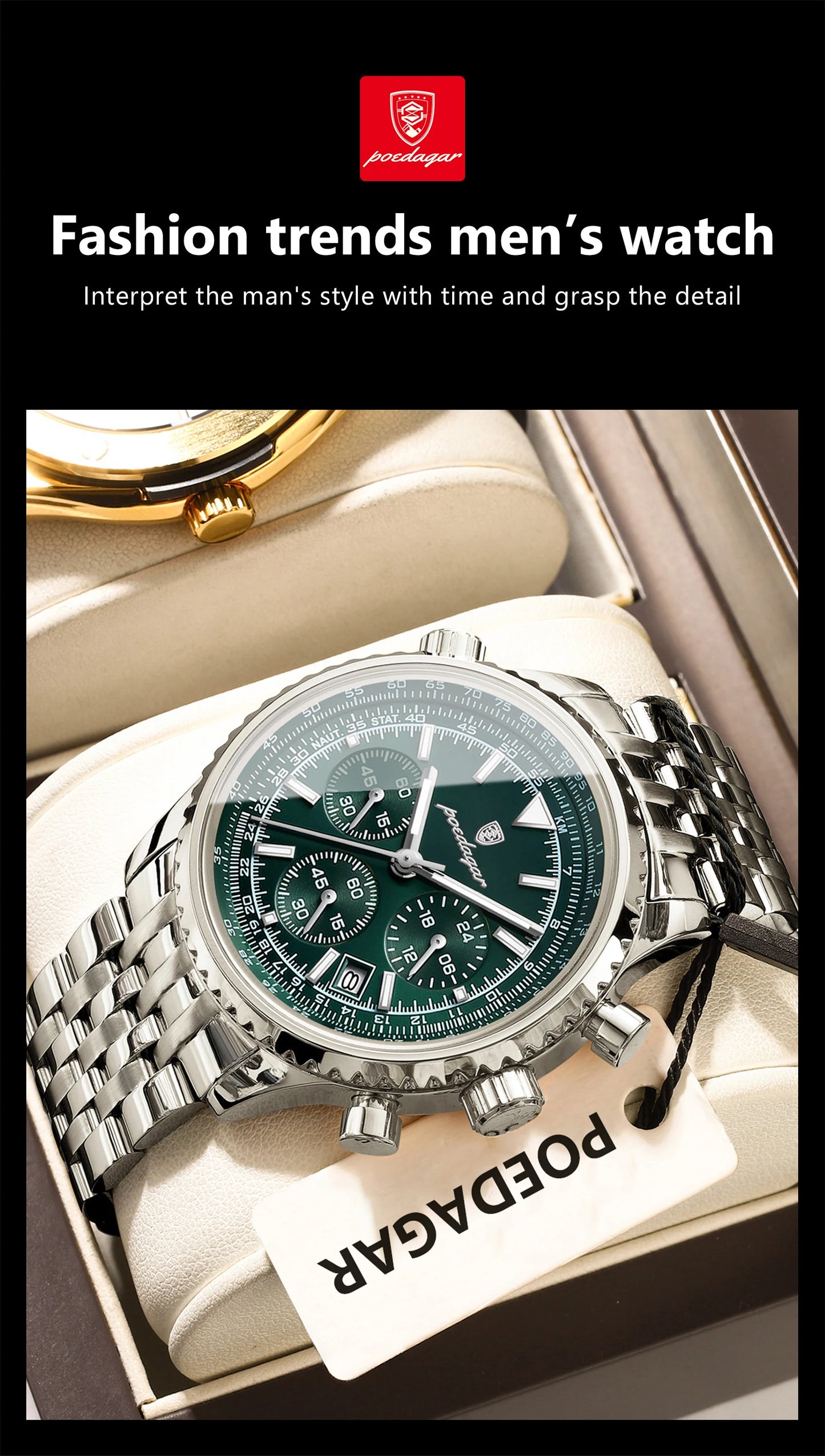 Montre-bracelet POEDAGAR pour homme, étanche, lumineuse, avec date et chronographe, de luxe, à quartz, en acier inoxydable.