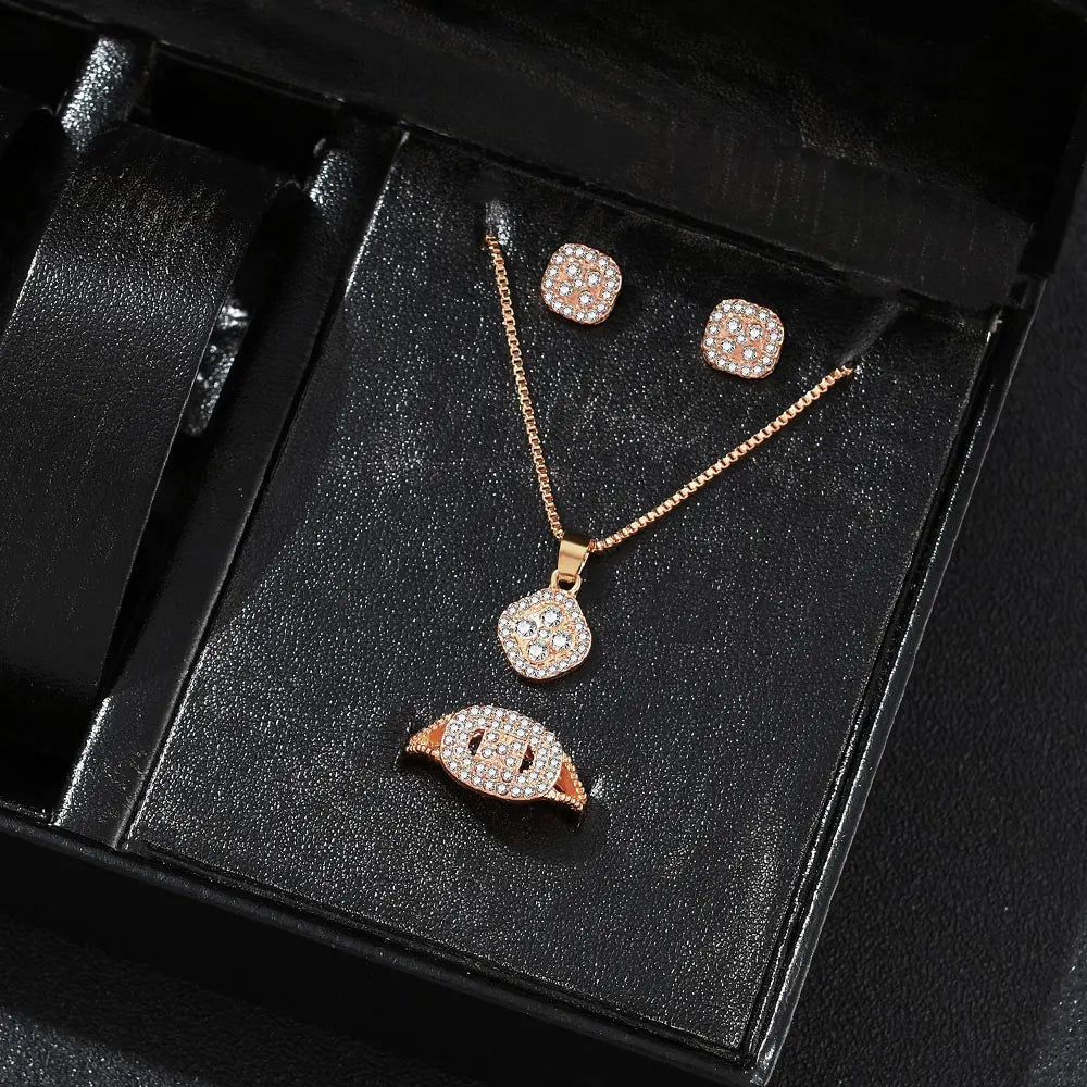 Jewelry Set - Luxury Cube Necklace Earrings Ring Valentine's Gift Set