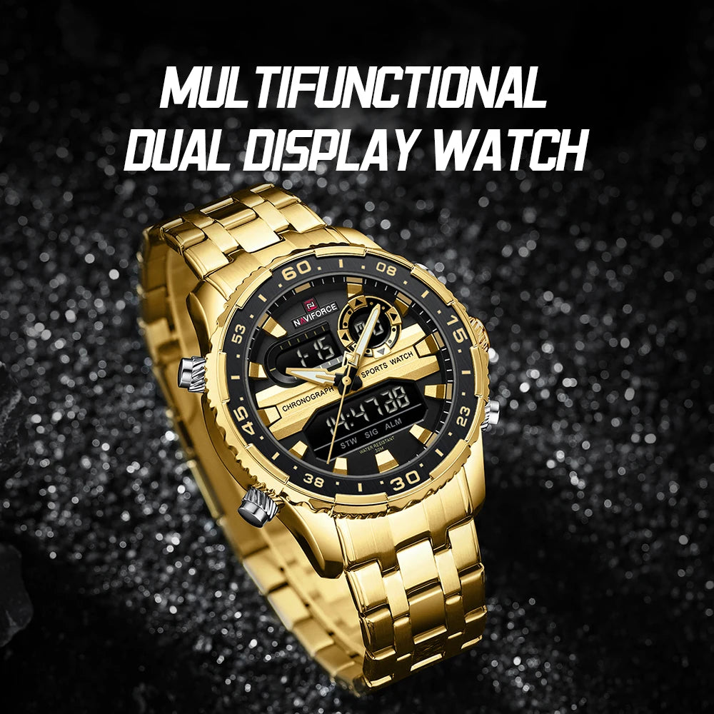 ساعة NAVIFORCE الرياضية الفاخرة للرجال مقاومة للماء وحركة كوارتز كرونوغراف وسوار فولاذي وعرض التاريخ والأسبوع الرقمي