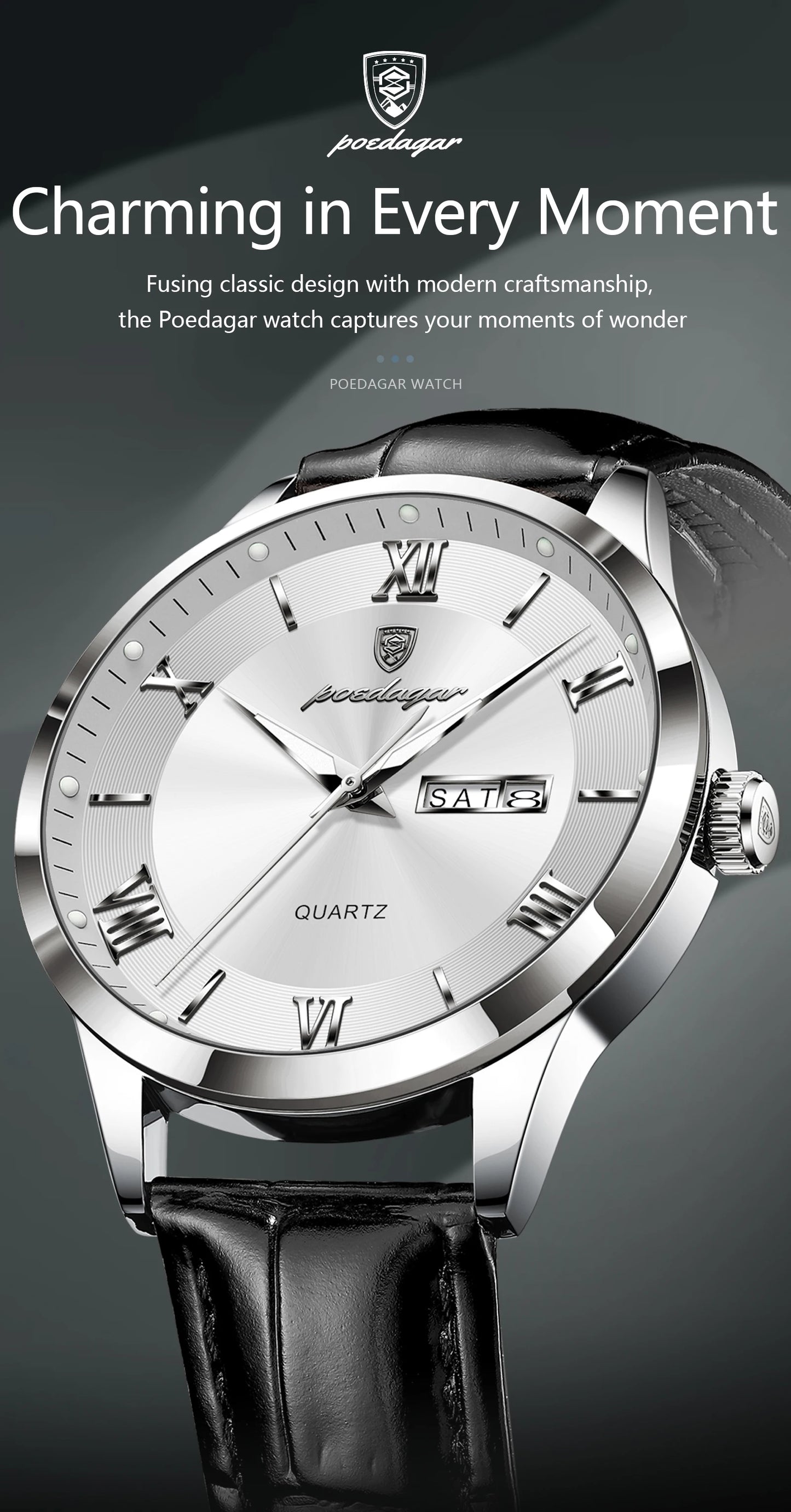 ساعة يد رجالية كلاسيكية فاخرة من POEDAGAR، ساعة رجال أعمال جلدية مقاومة للماء ومضيئة، ساعات كوارتز أنيقة للرجال