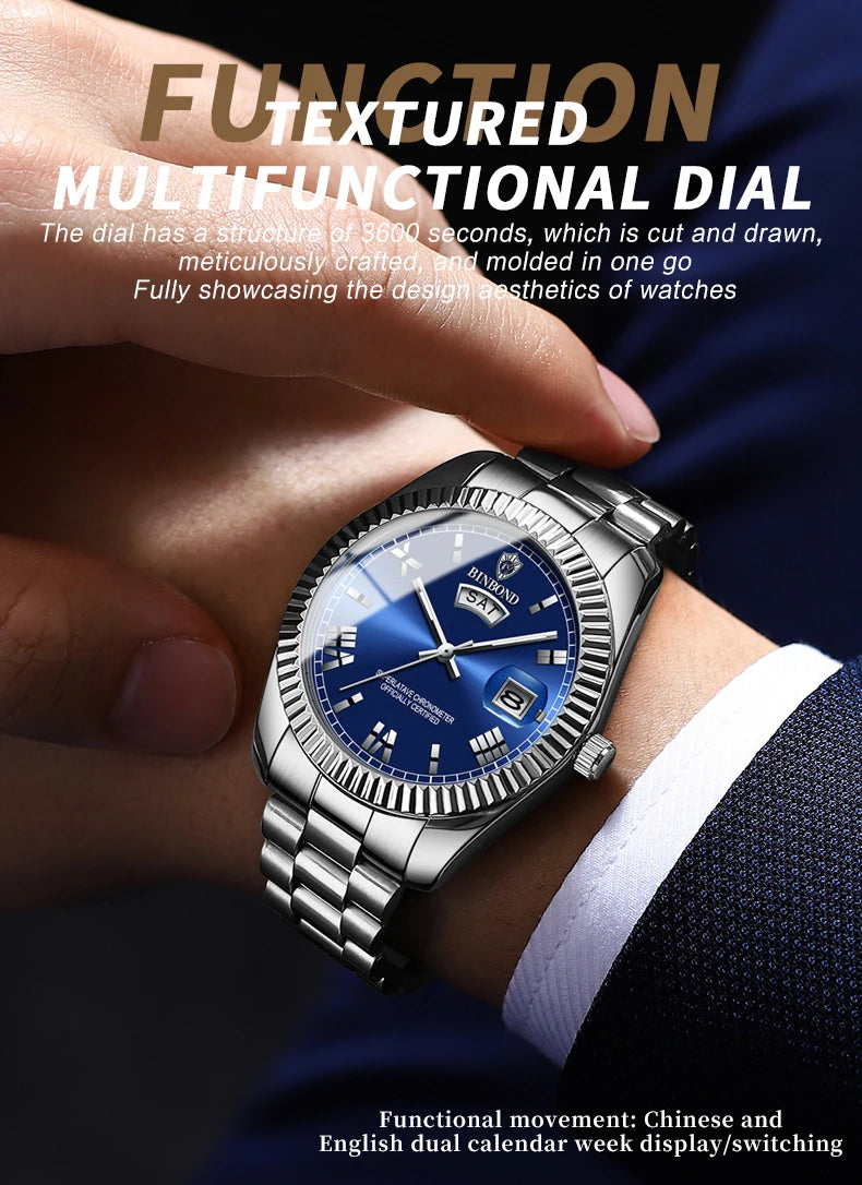 ساعة BINBOND B0733 للرجال فاخرة مقاومة للماء بتقويم مزدوج وإضاءة ليلية من الفولاذ المقاوم للصدأ كوارتز للرجال