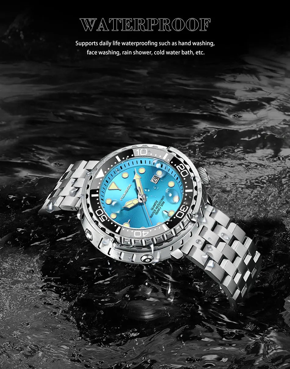 Montre homme FOXBOXE à quartz, style sport décontracté, étanche 5 ATM, avec affichage lumineux et lunette en acier, date.