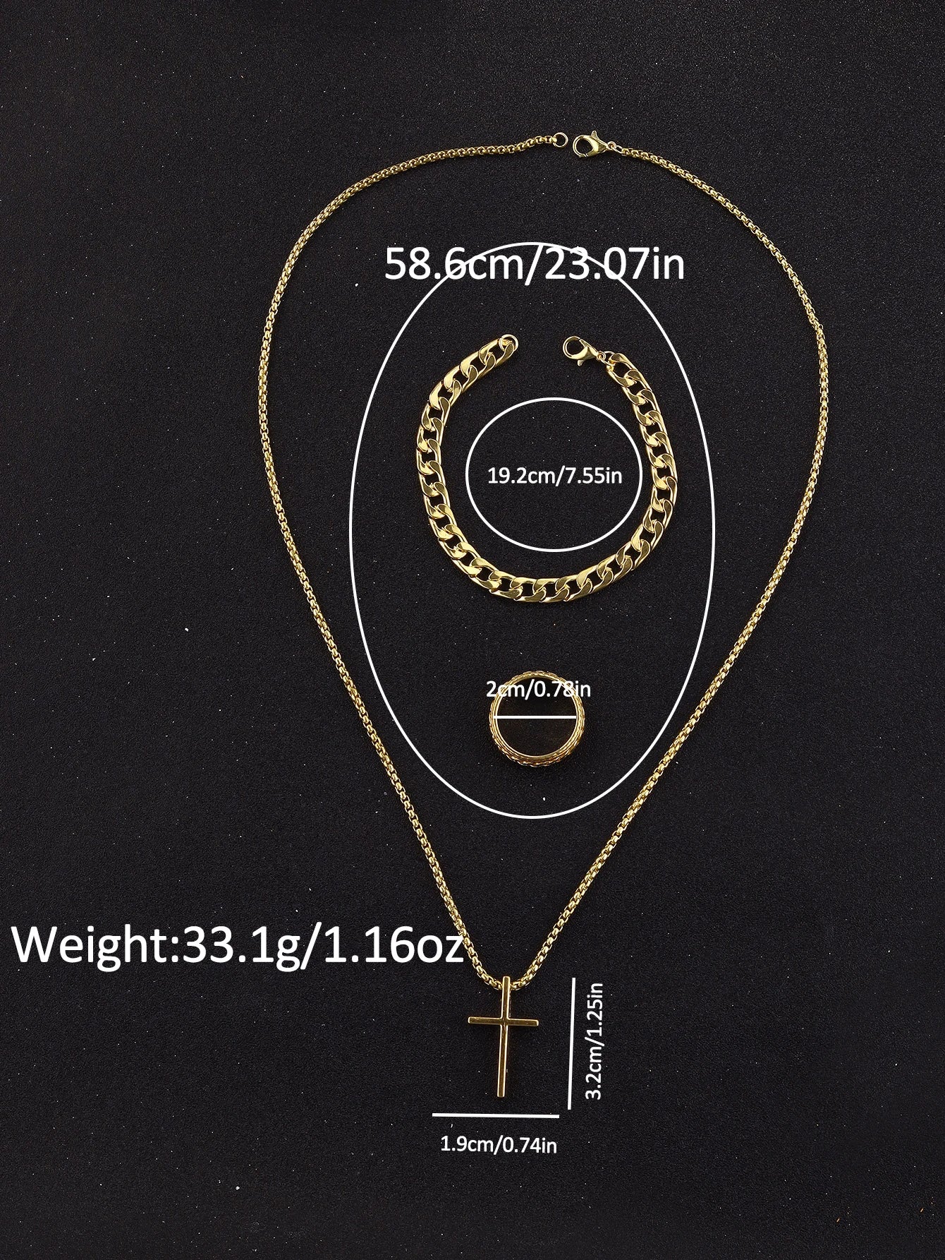 Men's Watch Set - 4pcs Gold Roman Calendar Watch Cross Necklace Bracelet Ring Set