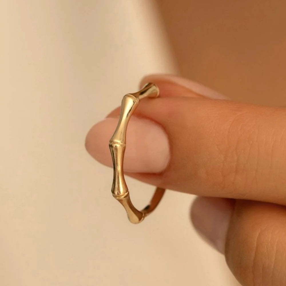 Bamboo Stackable Rings - Minimalist Gold Stainless Steel Set