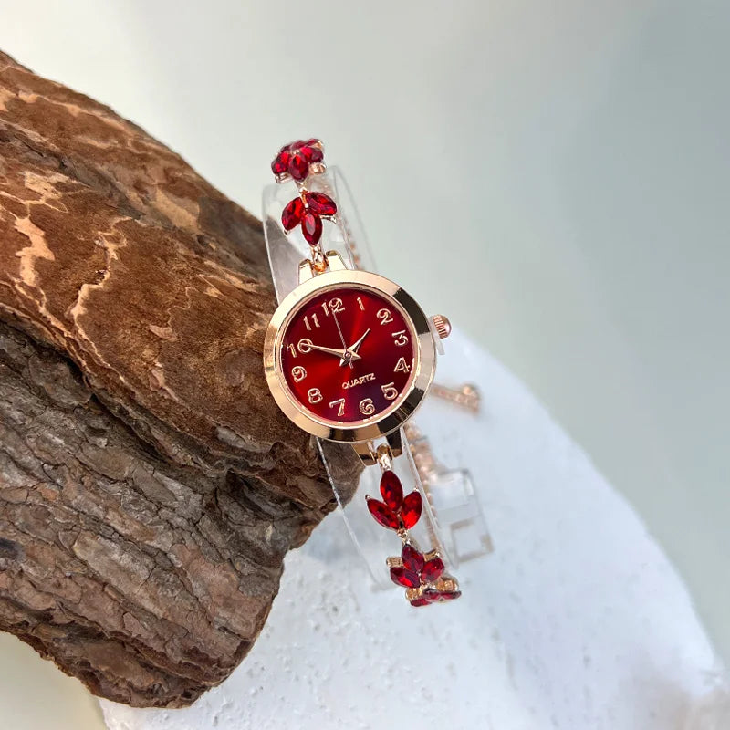 Montre à quartz pour femme - Bracelet en diamant feuille, montre élégante