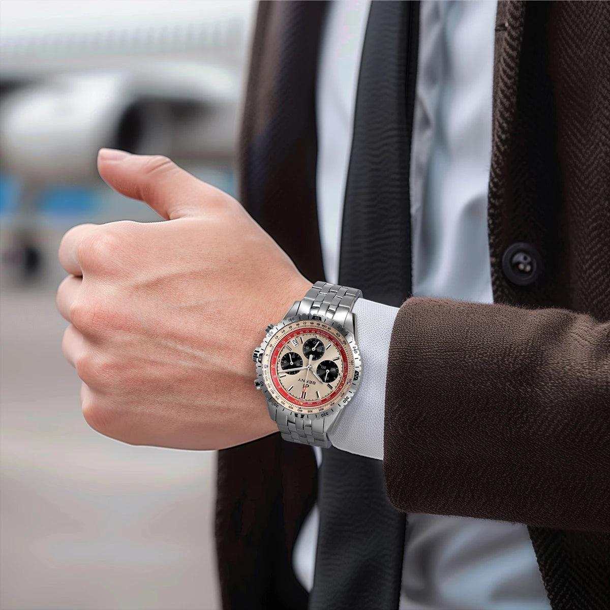 Montre chronographe BERNY pour homme, montre de pilote d'aviation multifonction à quartz avec date, verre saphir et luminescence intense. Montre-bracelet de luxe.