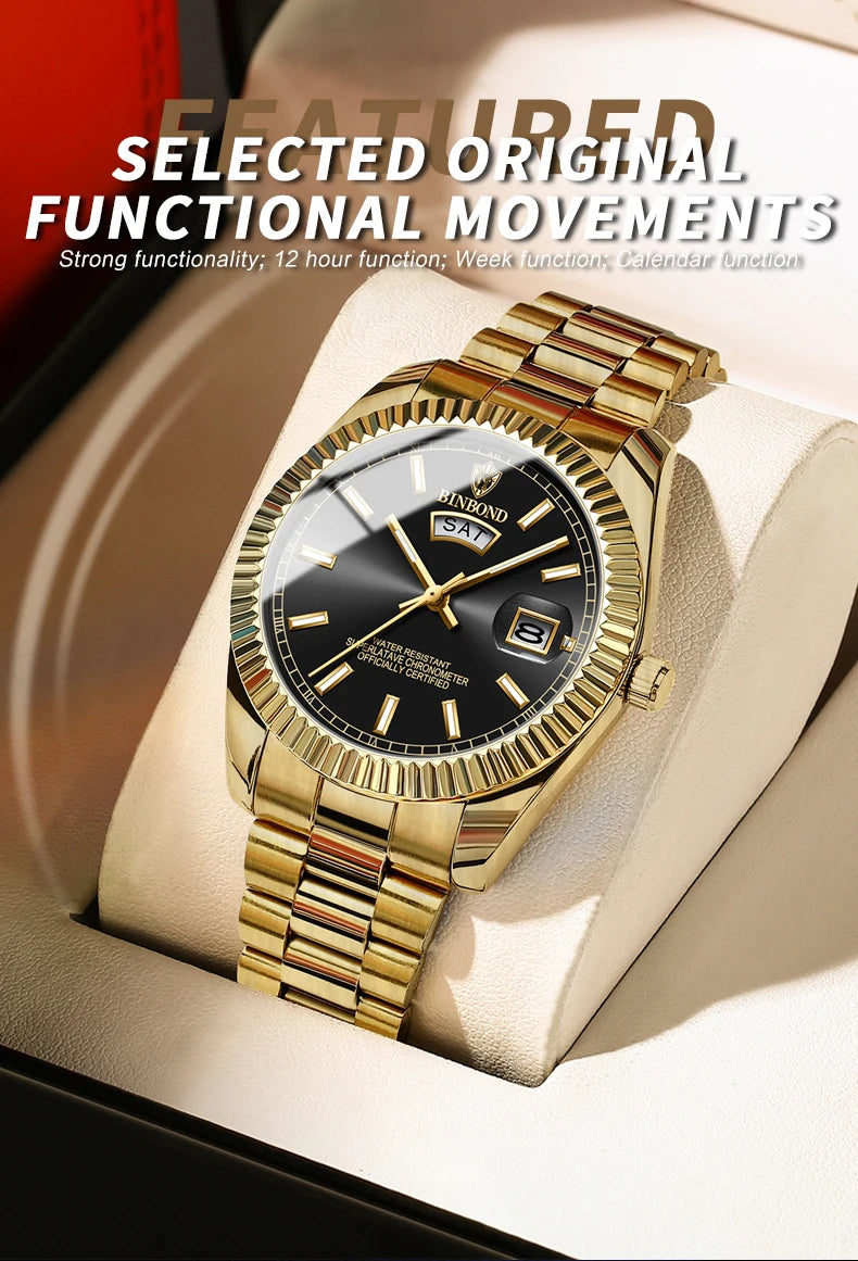 ساعة BINBOND B0733 للرجال فاخرة مقاومة للماء بتقويم مزدوج وإضاءة ليلية من الفولاذ المقاوم للصدأ كوارتز للرجال