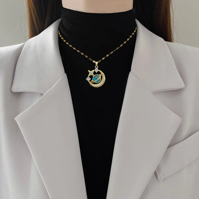 Collier Étoile Planète Lune - Pendentif Astronaute en Acier Titane
