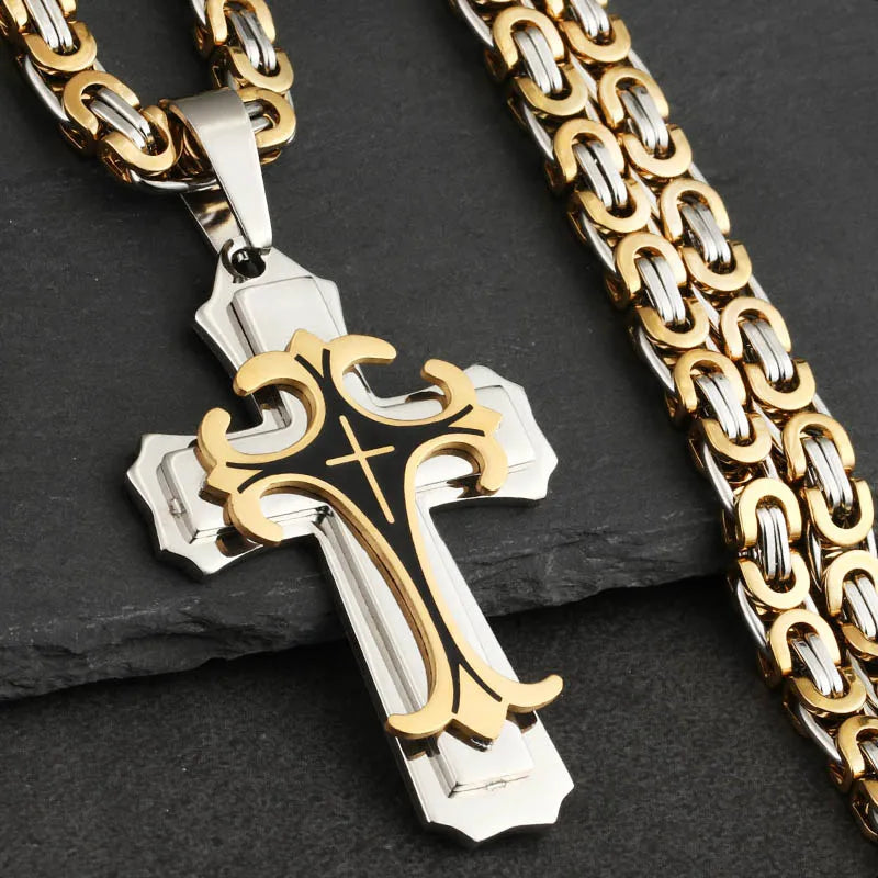 Collier croix pour homme - Croix latine chrétienne de la Trinité en acier inoxydable