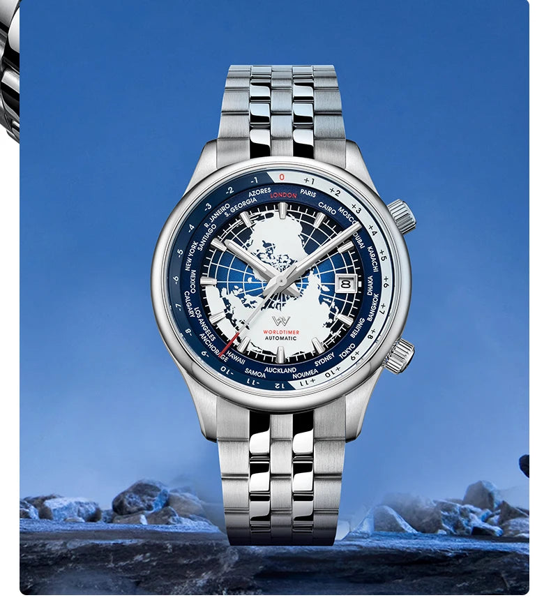 Montre WM automatique mécanique pour homme, haute qualité, verre saphir, heure mondiale, marque originale reconnue Welly Merck, référence WM057