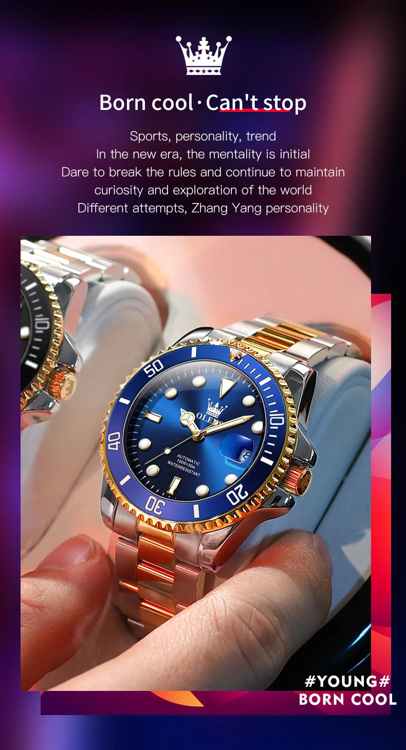 Montre homme OLEVS 6650, classique et originale, automatique, mécanique, avec index en zircon, étanche et lumineuse, en acier inoxydable.