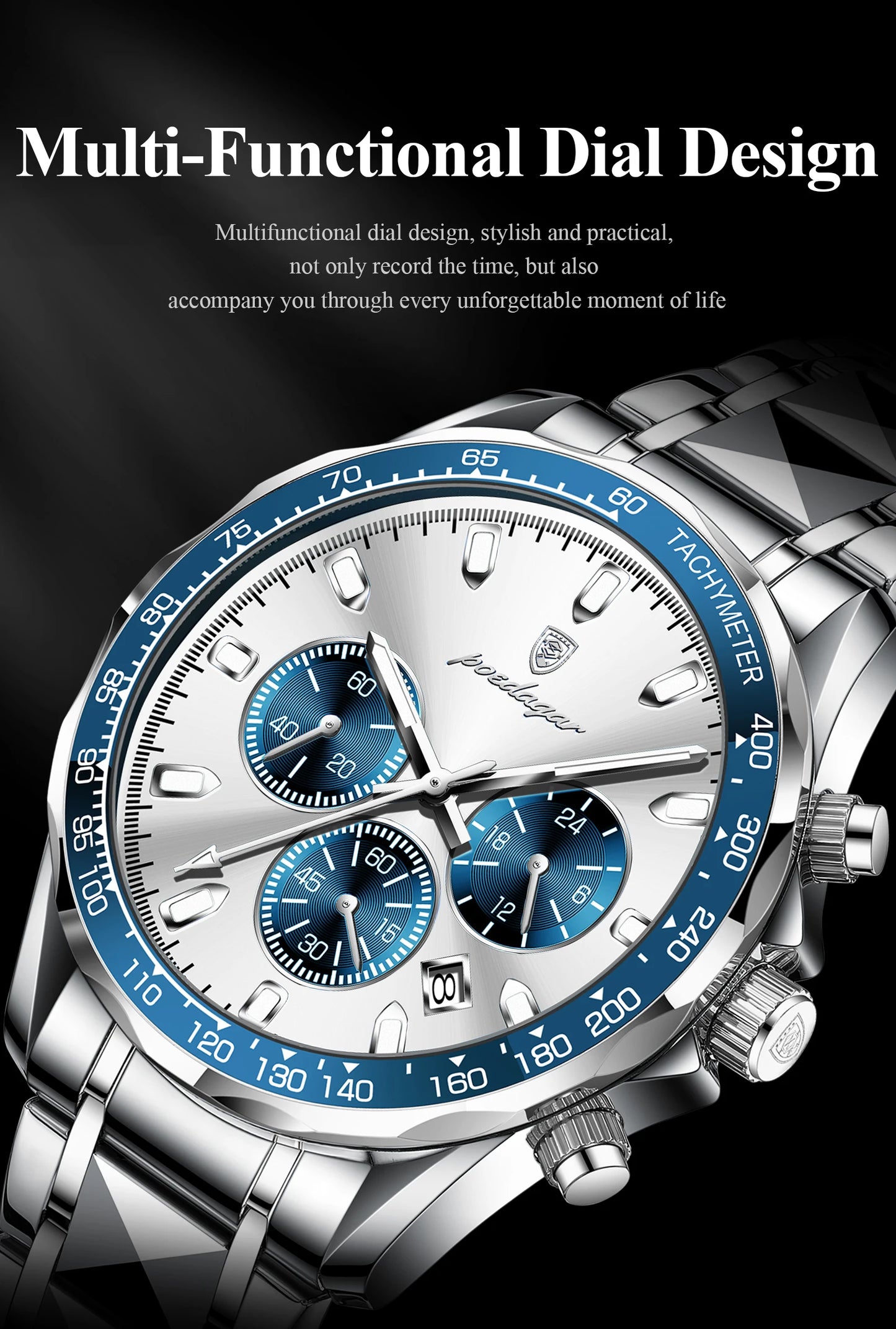 ساعة POEDAGAR للرجال من ماركة الأزياء المقاومة للماء والفولاذ المقاوم للصدأ ساعات رجالية مضيئة كرونوغراف وتاريخ كوارتز ساعة رياضية للرجال