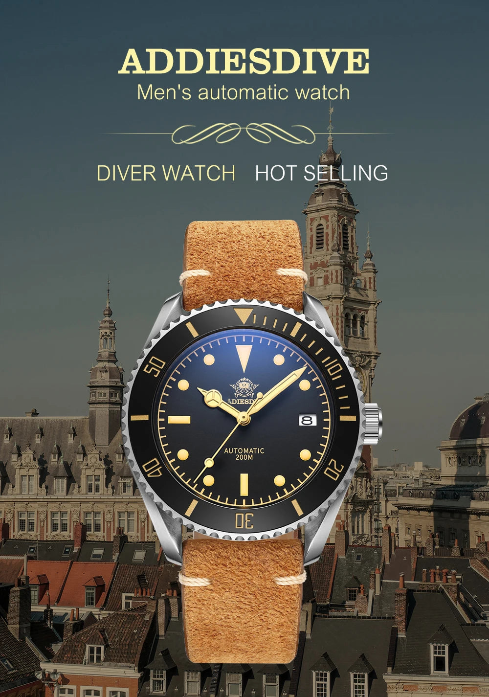 ساعة يد ADDIESDIVE Business Vintage Leather مقاومة للماء أوتوماتيكية ميكانيكية من الفولاذ للرجال ساعة كاجوال أوروبية أمريكية