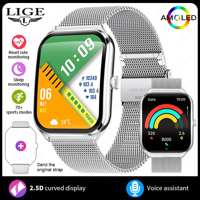 LIGE Ultra Thin Smart Watch - 1.96" AMOLED Curved Display BT Call Heart Rate