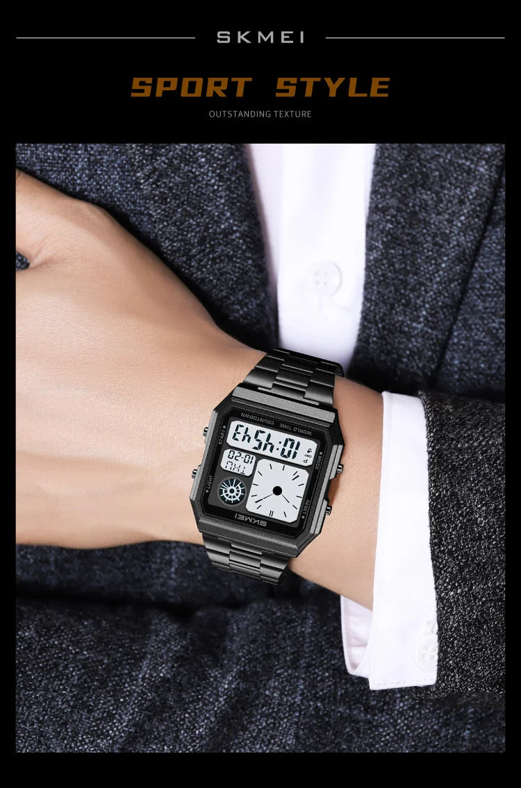 ساعة سكمي الإلكترونية الرقمية العالمية للرجال والنساء مقاومة للماء والرياضات الخارجية بسوار من الفولاذ المقاوم للصدأ ساعات يد للرجال