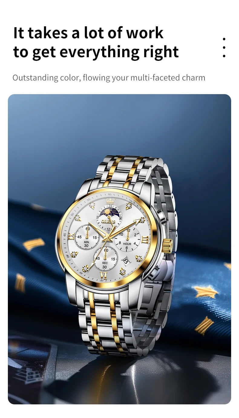 ساعة OLEVS 3655 Moon Phase Classic Three Eye Dial للرجال من الفولاذ المقاوم للصدأ للرجال بإبزيم الفراشة وساعة كوارتز مقاومة للماء