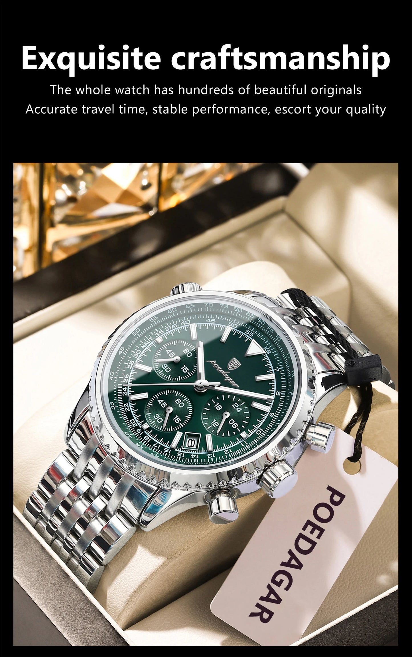 Montre-bracelet POEDAGAR pour homme, étanche, lumineuse, avec date et chronographe, de luxe, à quartz, en acier inoxydable.