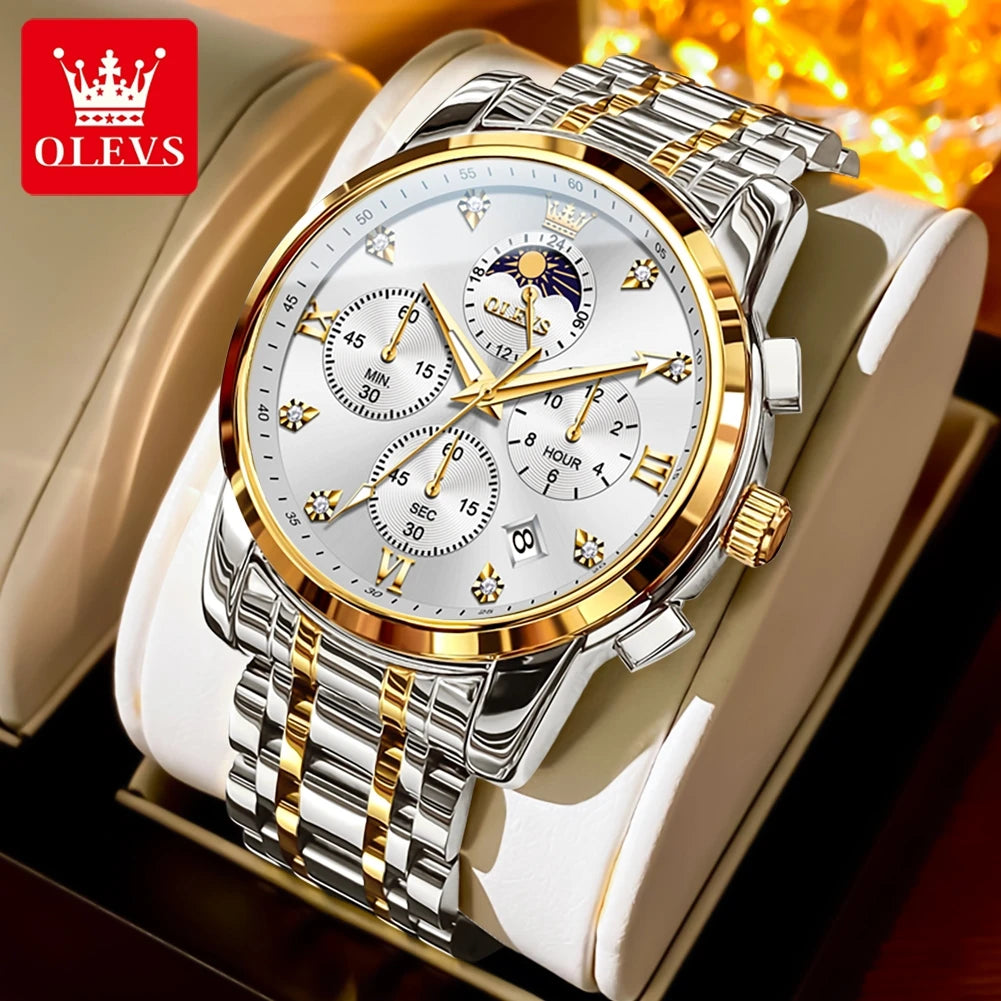ساعة OLEVS 3655 Moon Phase Classic Three Eye Dial للرجال من الفولاذ المقاوم للصدأ للرجال بإبزيم الفراشة وساعة كوارتز مقاومة للماء