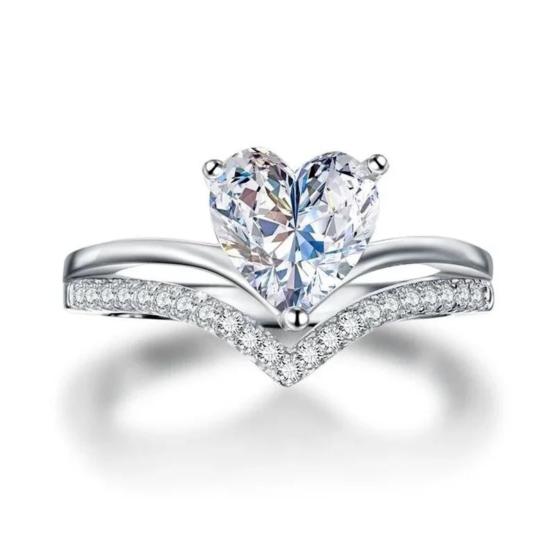 Heart Ring Set - Silver Zircon Bridal Engagement Wedding Rings