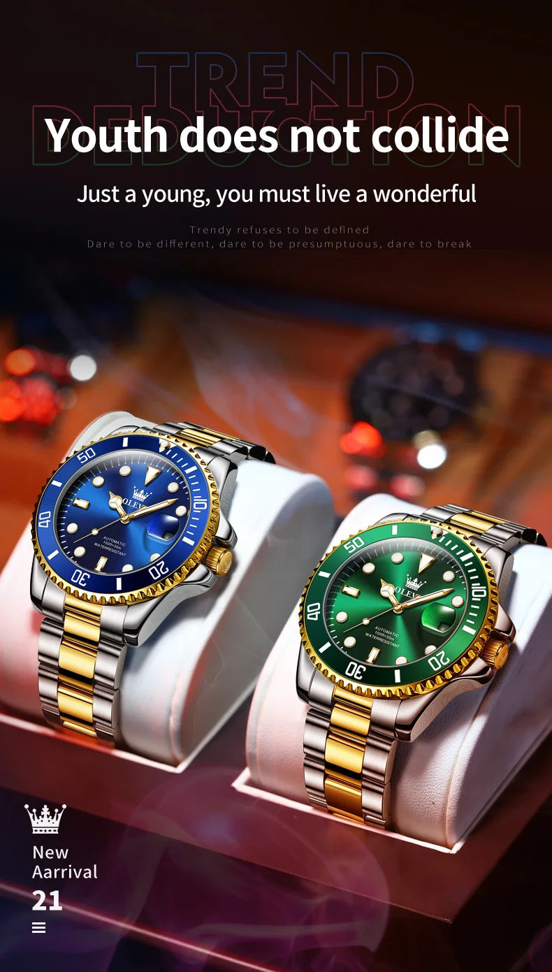 Montre homme OLEVS 6650, classique et originale, automatique, mécanique, avec index en zircon, étanche et lumineuse, en acier inoxydable.