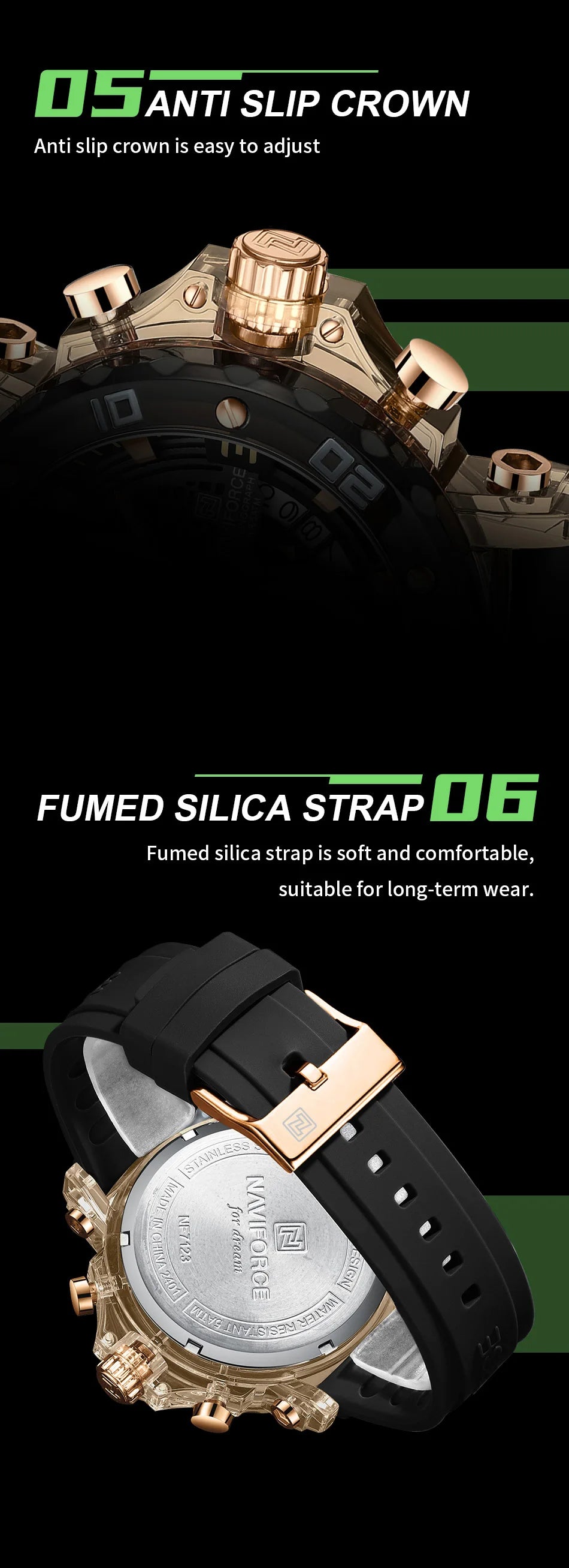 ساعة NAVIFORCE للرجال كوارتز عصرية مقاومة للماء حتى 5ATM ساعات رجالية كرونوغراف عقارب مضيئة حزام سيليكون خفيف الوزن