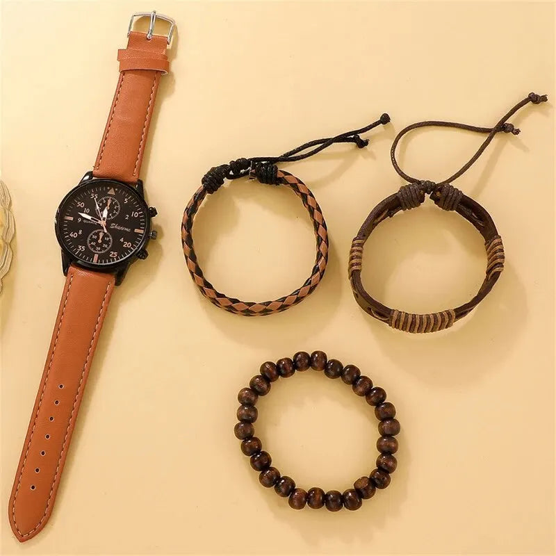 Men's Watch Set - Luxury Bracelet Brown Leather Quartz Watch Gift Set