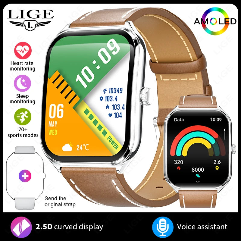 LIGE Ultra Thin Smart Watch - 1.96" AMOLED Curved Display BT Call Heart Rate