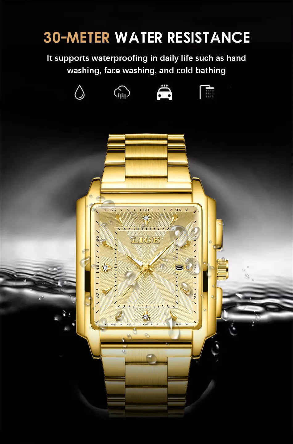 ساعة LIGE العصرية للأعمال للرجال، ساعة رياضية مربعة مقاومة للماء للرجال، علامة تجارية فاخرة، ساعة كوارتز عسكرية كرونوغراف