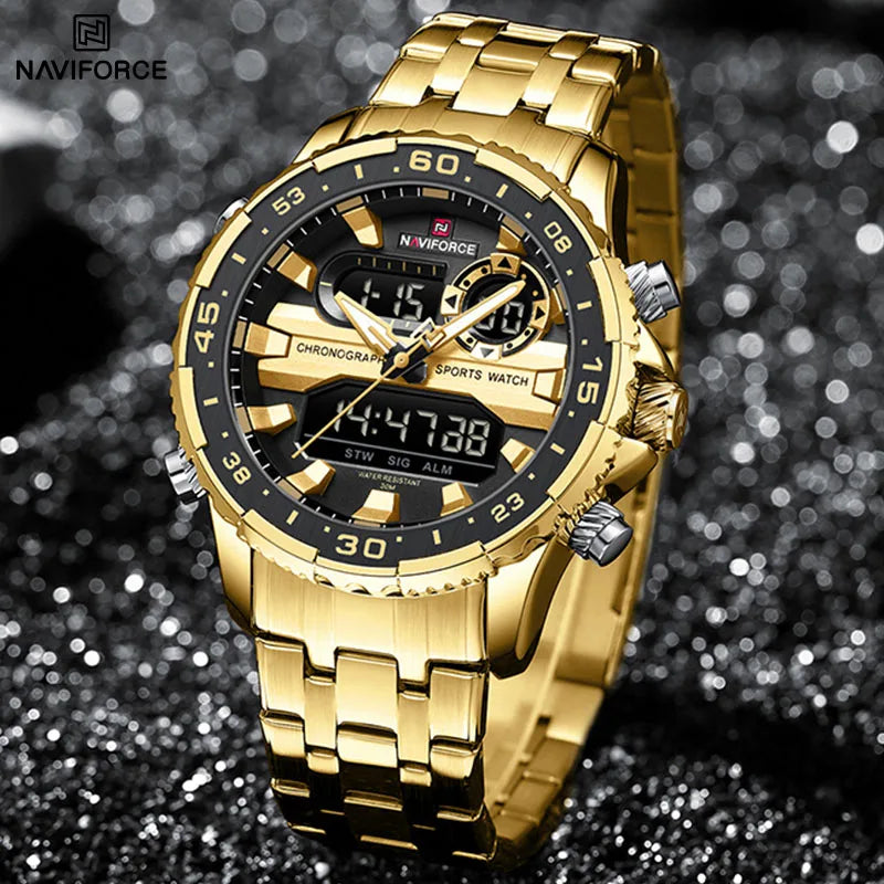 ساعة NAVIFORCE الرياضية الفاخرة للرجال مقاومة للماء وحركة كوارتز كرونوغراف وسوار فولاذي وعرض التاريخ والأسبوع الرقمي