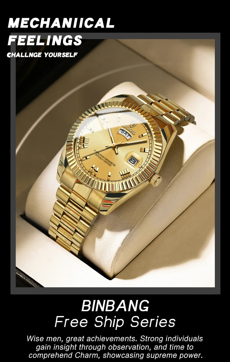 ساعة BINBOND B0733 للرجال فاخرة مقاومة للماء بتقويم مزدوج وإضاءة ليلية من الفولاذ المقاوم للصدأ كوارتز للرجال