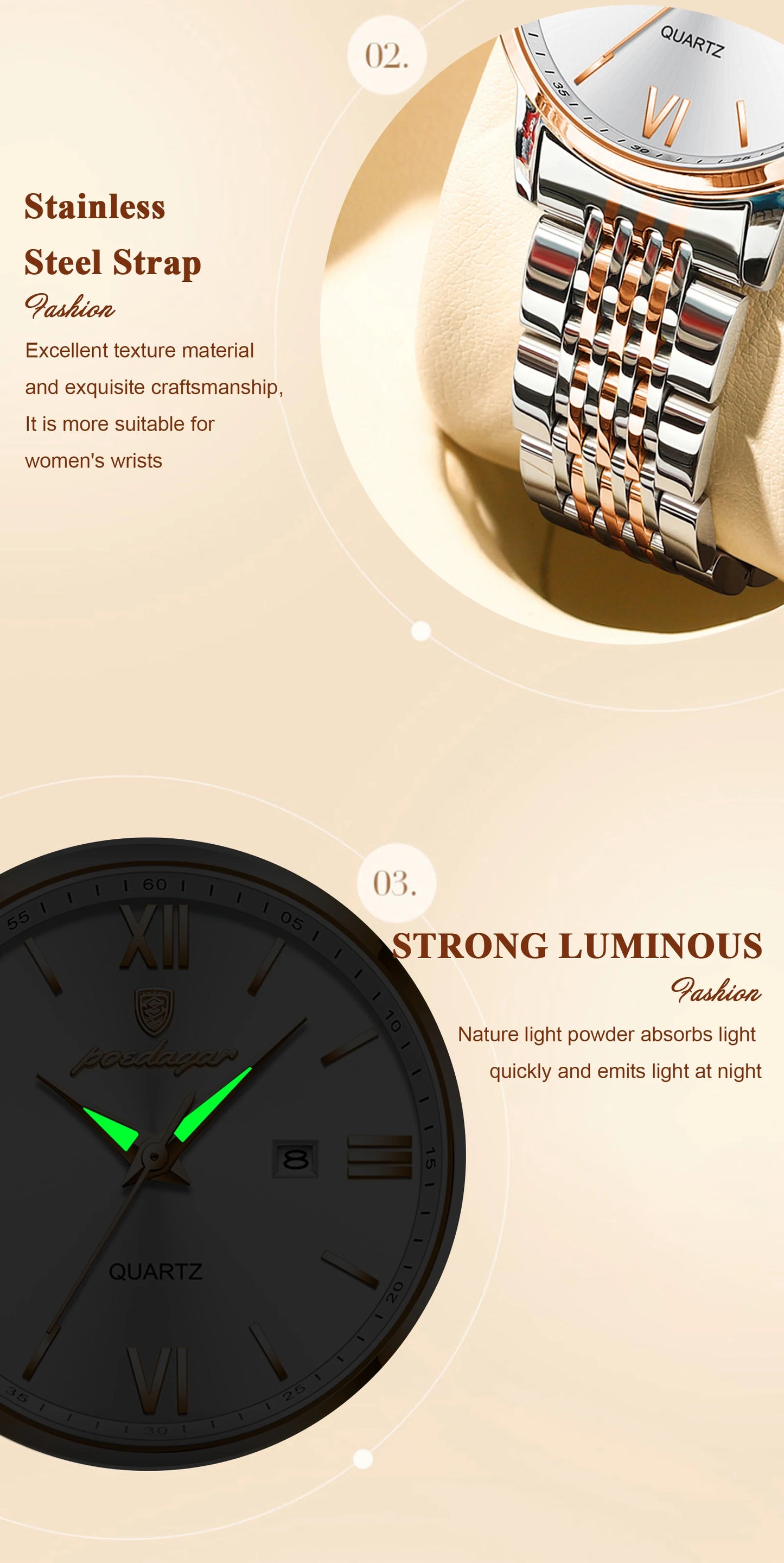 ساعة POEDAGAR النسائية - ساعة فولاذية فاخرة مقاومة للماء ومضيئة