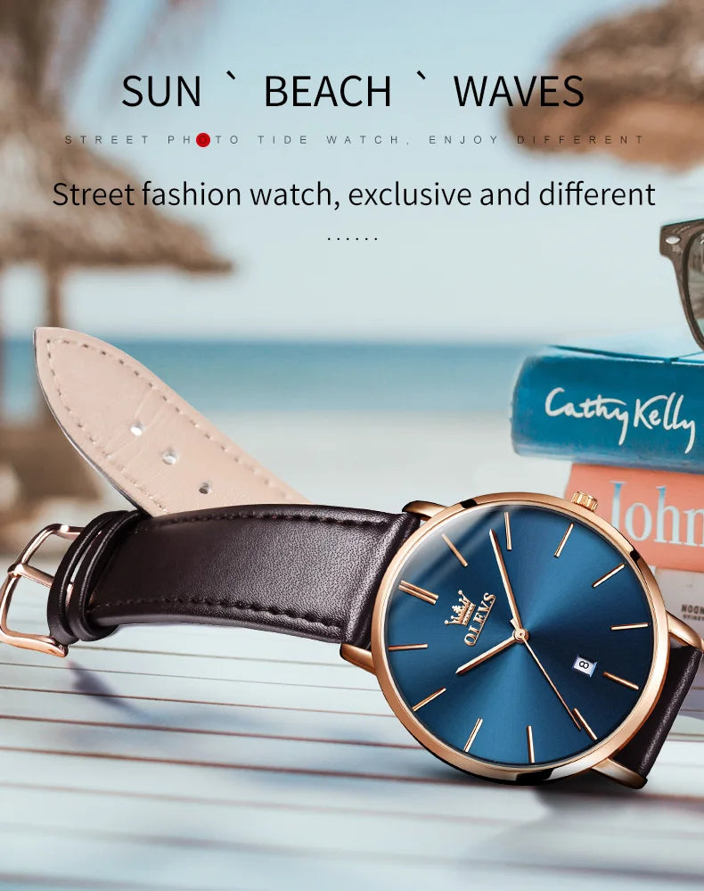 Montre à quartz OLEVS 5869 pour homme, ultra-fine (6,5 mm), minimaliste, étanche, avec date, idéale pour les affaires. Montre-bracelet simple et élégante pour homme.