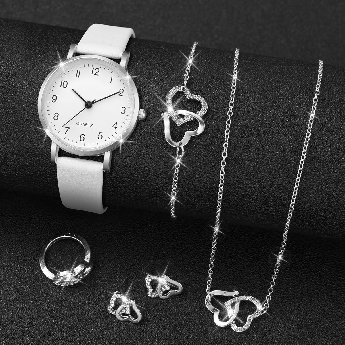 5/6 قطع ساعة كوارتز نسائية أنيقة بسوار جلدي ساعات كوارتز تناظرية مع مجوهرات ماسية (بدون علبة)