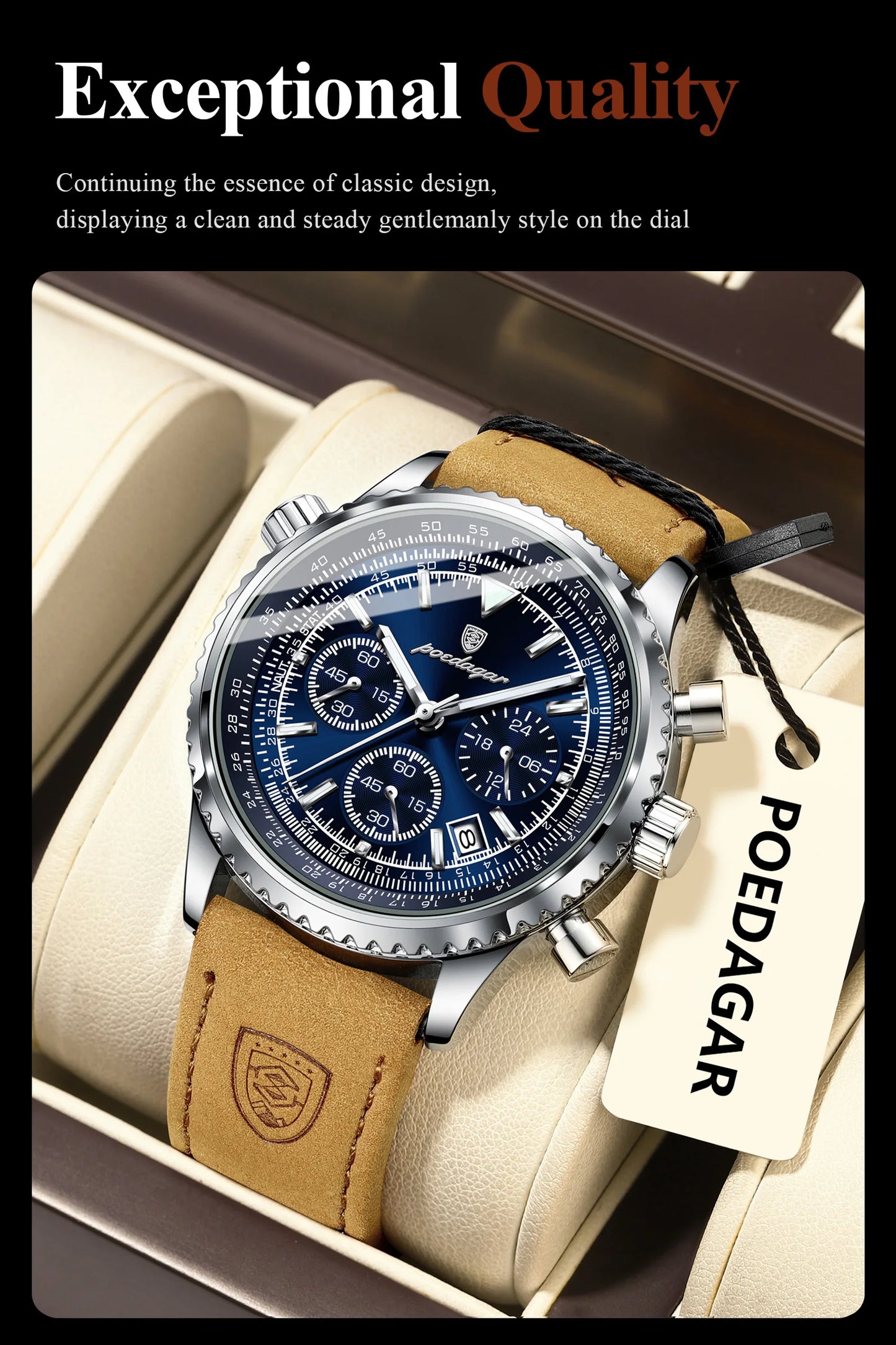 ساعة رجالية فاخرة من ماركة POEDAGAR مقاومة للماء ومضيئة وتاريخ كرونوغراف من الجلد ساعة رجالية كوارتز ساعات عمل أنيقة للرجال