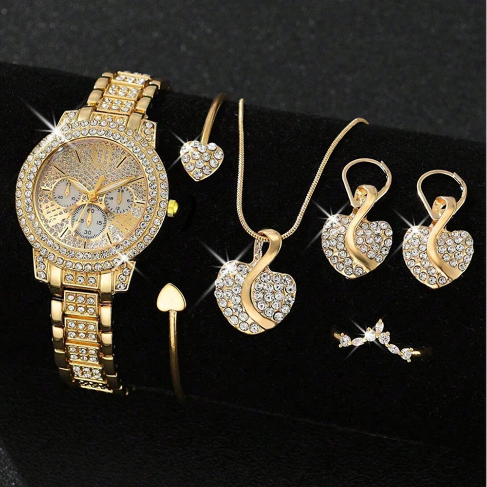 Women's Jewelry Watch Set - Gold Quartz Watch with Ring Necklace Earring