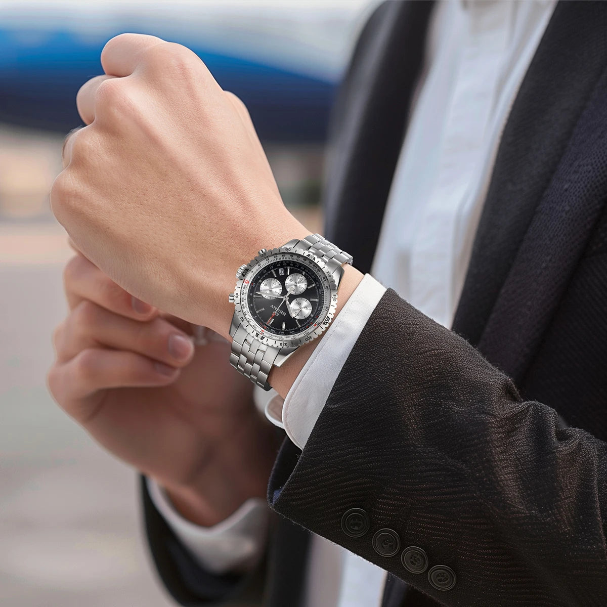 Montre chronographe BERNY pour homme, montre de pilote d'aviation multifonction à quartz avec date, verre saphir et luminescence intense. Montre-bracelet de luxe.