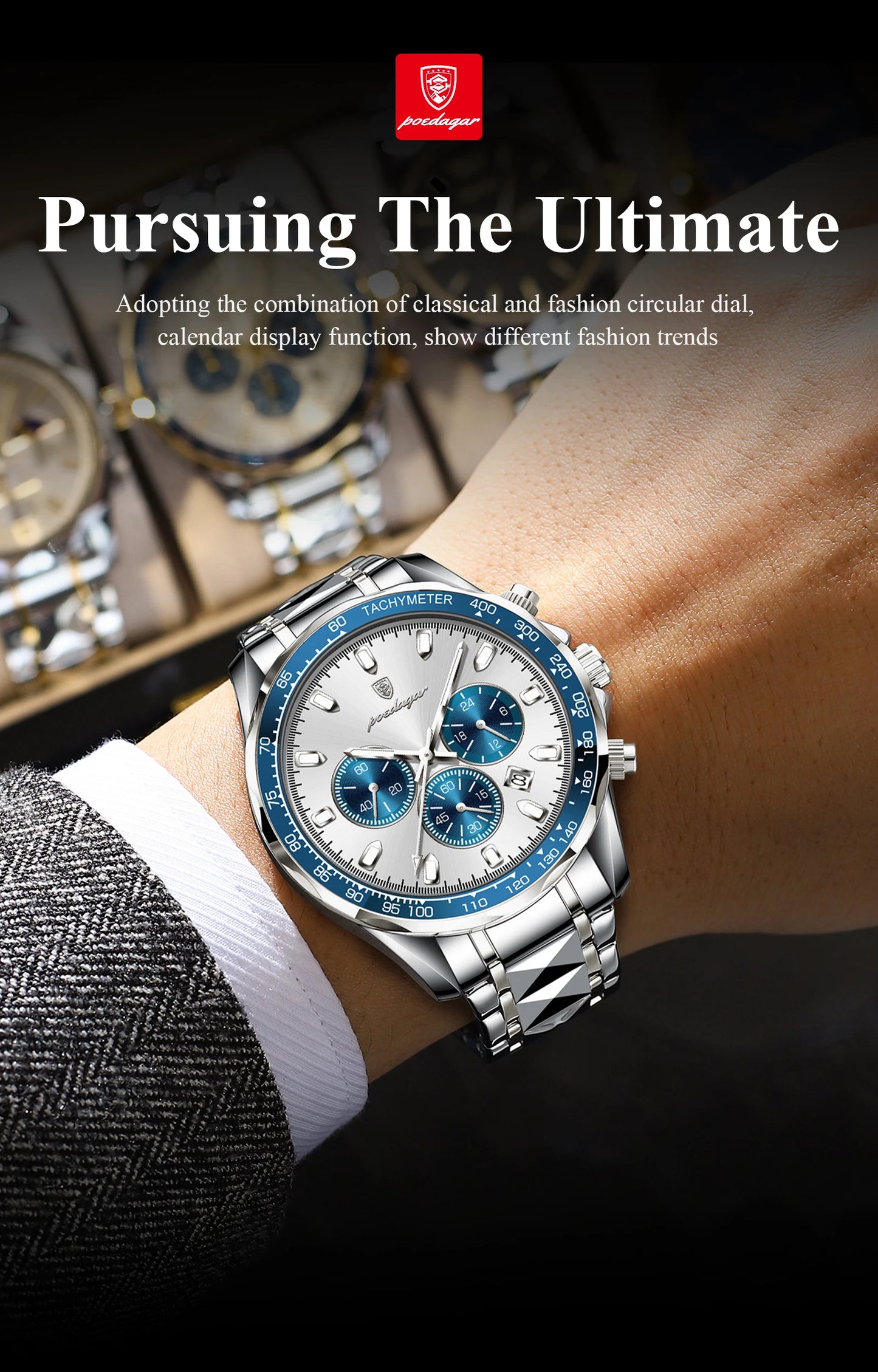 ساعة POEDAGAR للرجال من ماركة الأزياء المقاومة للماء والفولاذ المقاوم للصدأ ساعات رجالية مضيئة كرونوغراف وتاريخ كوارتز ساعة رياضية للرجال