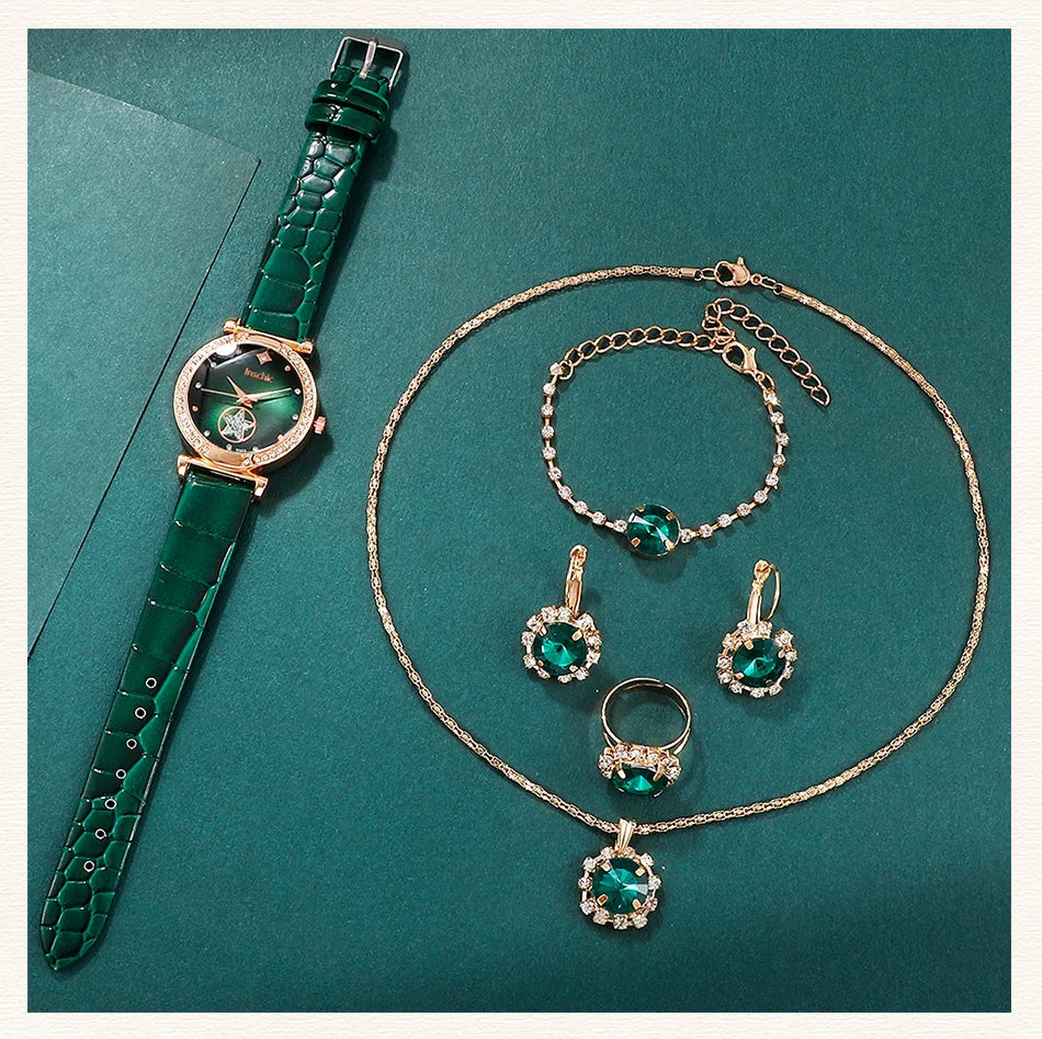6PCS Set Green Luxury Quartz Watch Women Ring Necklace Earring Rhinestone Fashion Wristwatch Casual Ladies Bracelet Watches