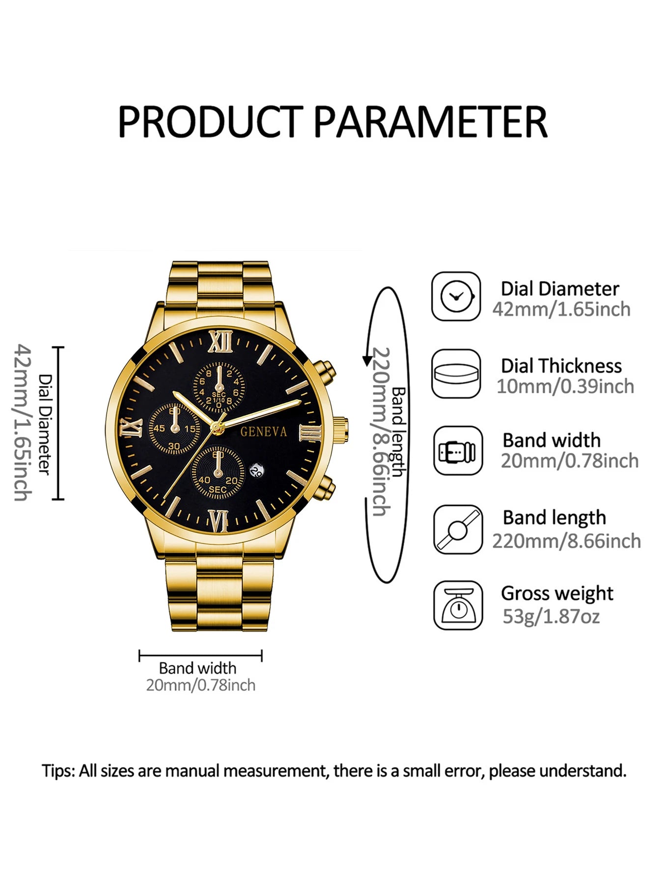 Men's Watch Set - 4pcs Gold Roman Calendar Watch Cross Necklace Bracelet Ring Set