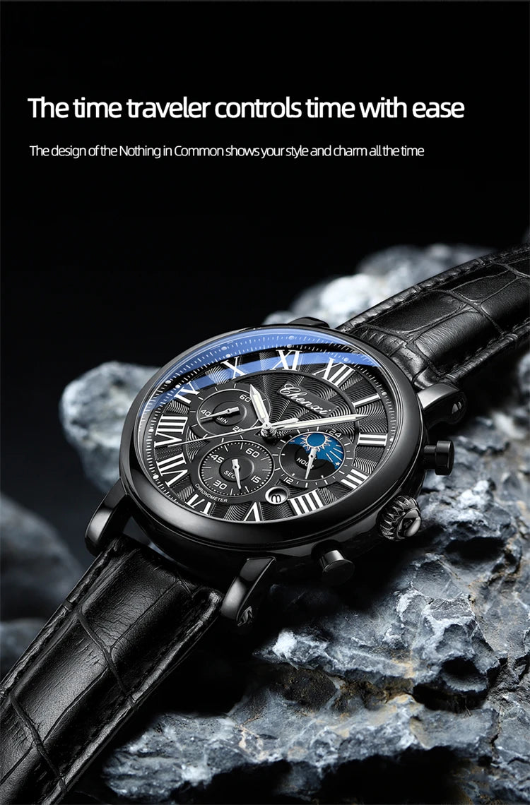 Montre homme CHENXI 973 à quartz, multifonctions, avec phase de lune et date, cadran analogique romain et bracelet en cuir. Idéale comme cadeau.