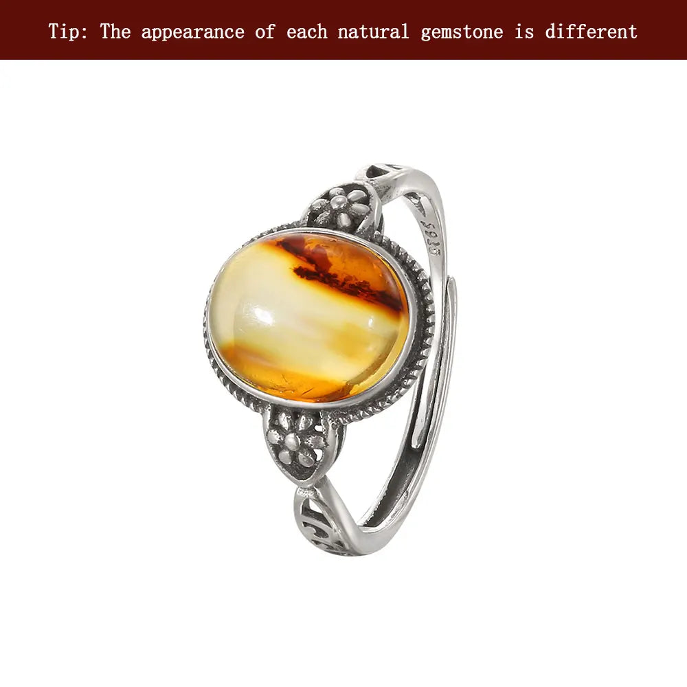 خاتم كهرمان عتيق - خاتم من الفضة الإسترلينية عيار 925 مرصع بحجر طبيعي