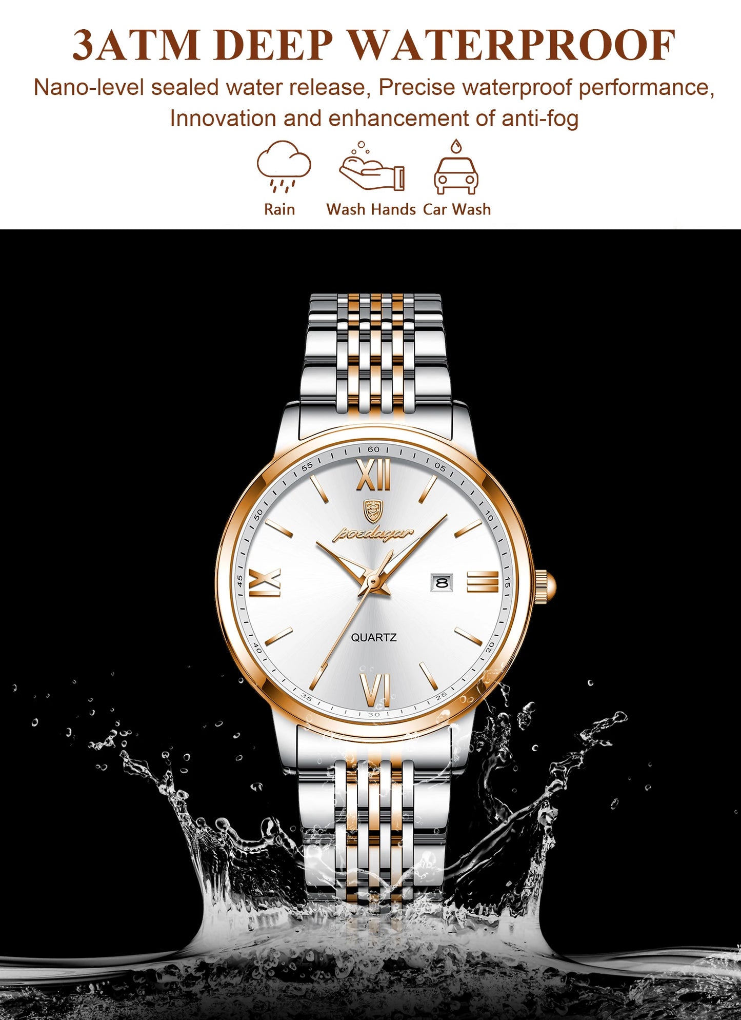 ساعة POEDAGAR النسائية - ساعة فولاذية فاخرة مقاومة للماء ومضيئة