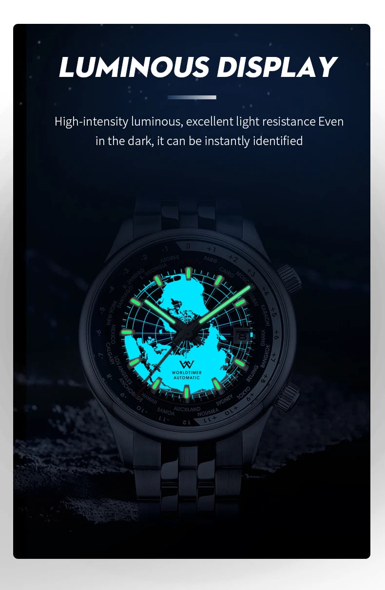 Montre WM automatique mécanique pour homme, haute qualité, verre saphir, heure mondiale, marque originale reconnue Welly Merck, référence WM057