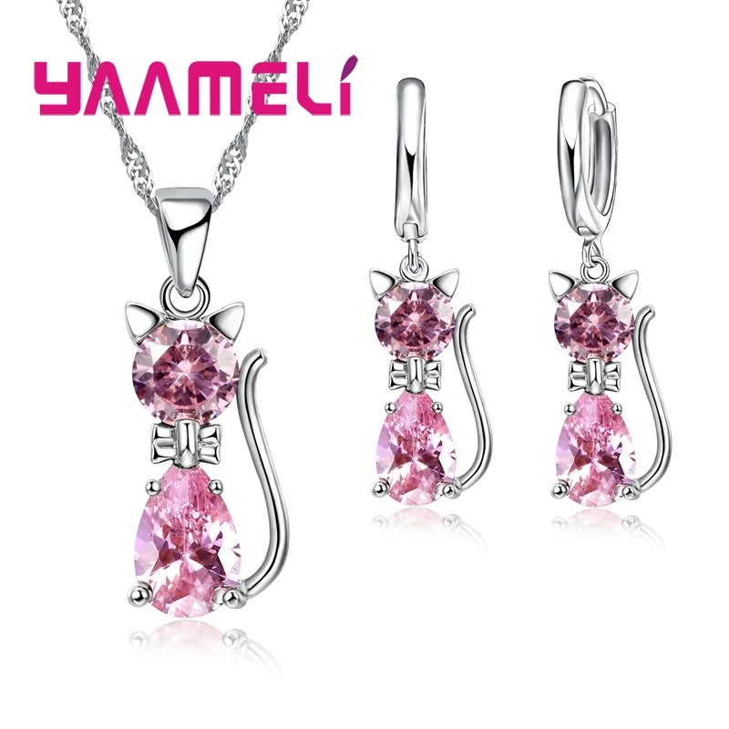 Jewelry Set - 925 Silver Cat Pendant Necklace Huggie Earring Set