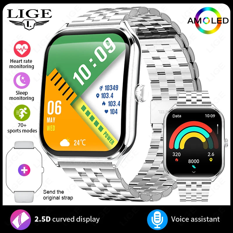 LIGE Ultra Thin Smart Watch - 1.96" AMOLED Curved Display BT Call Heart Rate