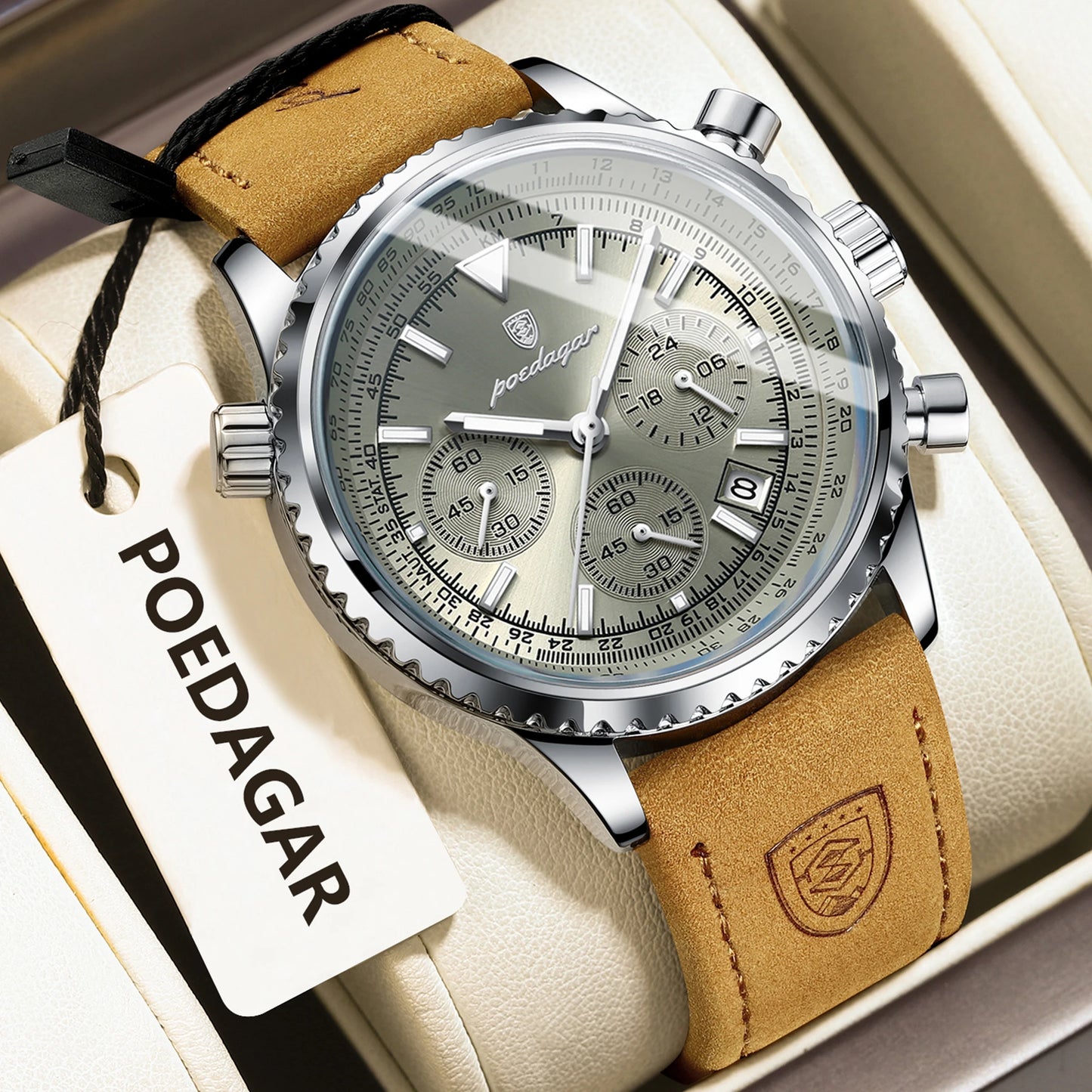 ساعة رجالية فاخرة من ماركة POEDAGAR مقاومة للماء ومضيئة وتاريخ كرونوغراف من الجلد ساعة رجالية كوارتز ساعات عمل أنيقة للرجال