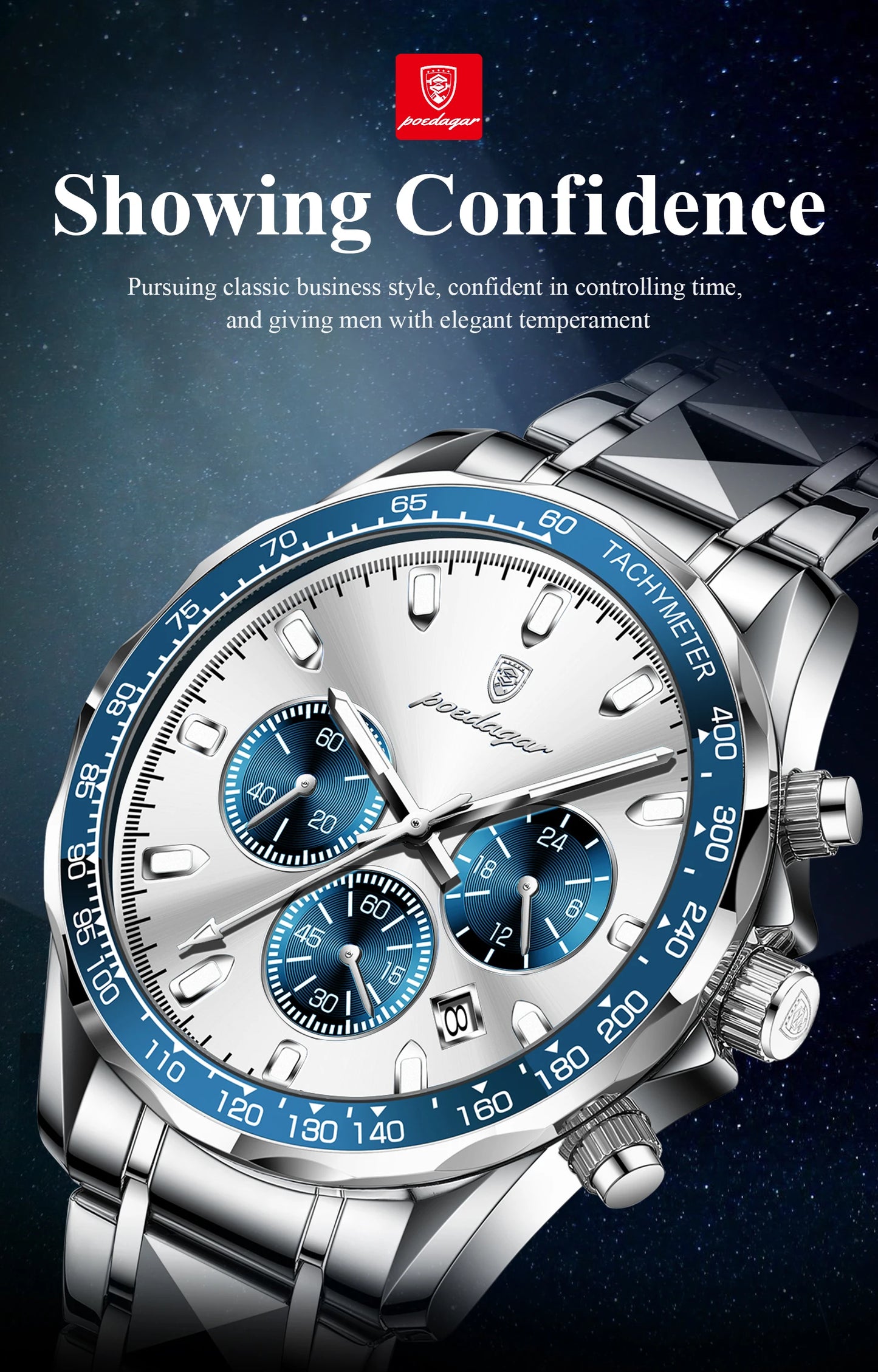 ساعة POEDAGAR للرجال من ماركة الأزياء المقاومة للماء والفولاذ المقاوم للصدأ ساعات رجالية مضيئة كرونوغراف وتاريخ كوارتز ساعة رياضية للرجال