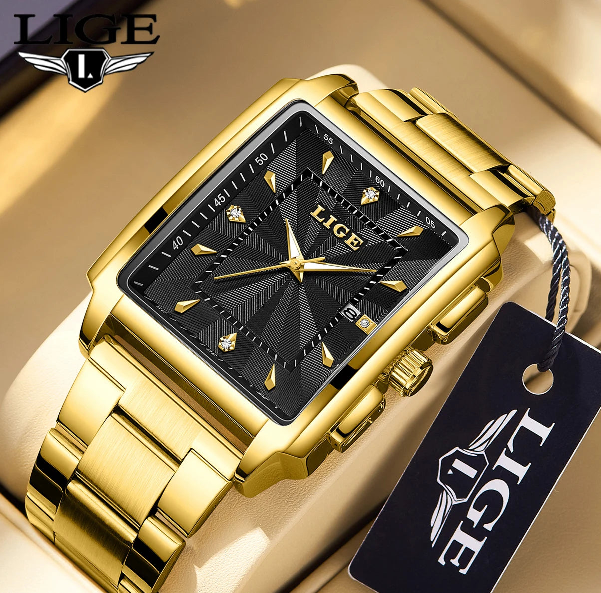 ساعة LIGE العصرية للأعمال للرجال، ساعة رياضية مربعة مقاومة للماء للرجال، علامة تجارية فاخرة، ساعة كوارتز عسكرية كرونوغراف